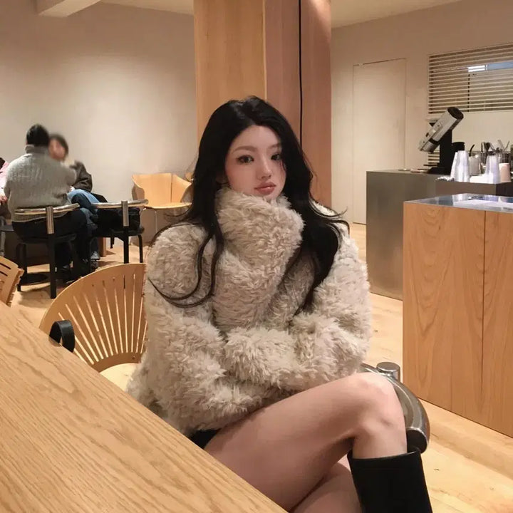 [BUNJANG] Cozy Teddy Bear Faux Fur Jacket Beige Coat / 플립 코지 테디 퍼 자켓 베이지 무스탕 하이넥 뽀글이 퍼코트