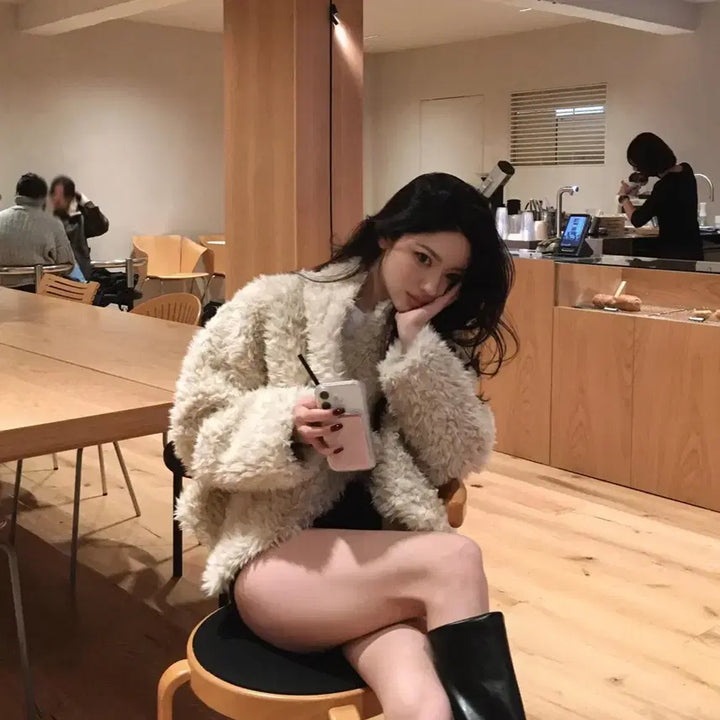 [BUNJANG] Cozy Teddy Bear Faux Fur Jacket Beige Coat / 플립 코지 테디 퍼 자켓 베이지 무스탕 하이넥 뽀글이 퍼코트