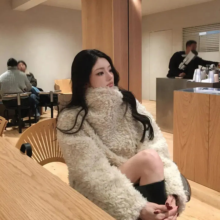[BUNJANG] Cozy Teddy Bear Faux Fur Jacket Beige Coat / 플립 코지 테디 퍼 자켓 베이지 무스탕 하이넥 뽀글이 퍼코트