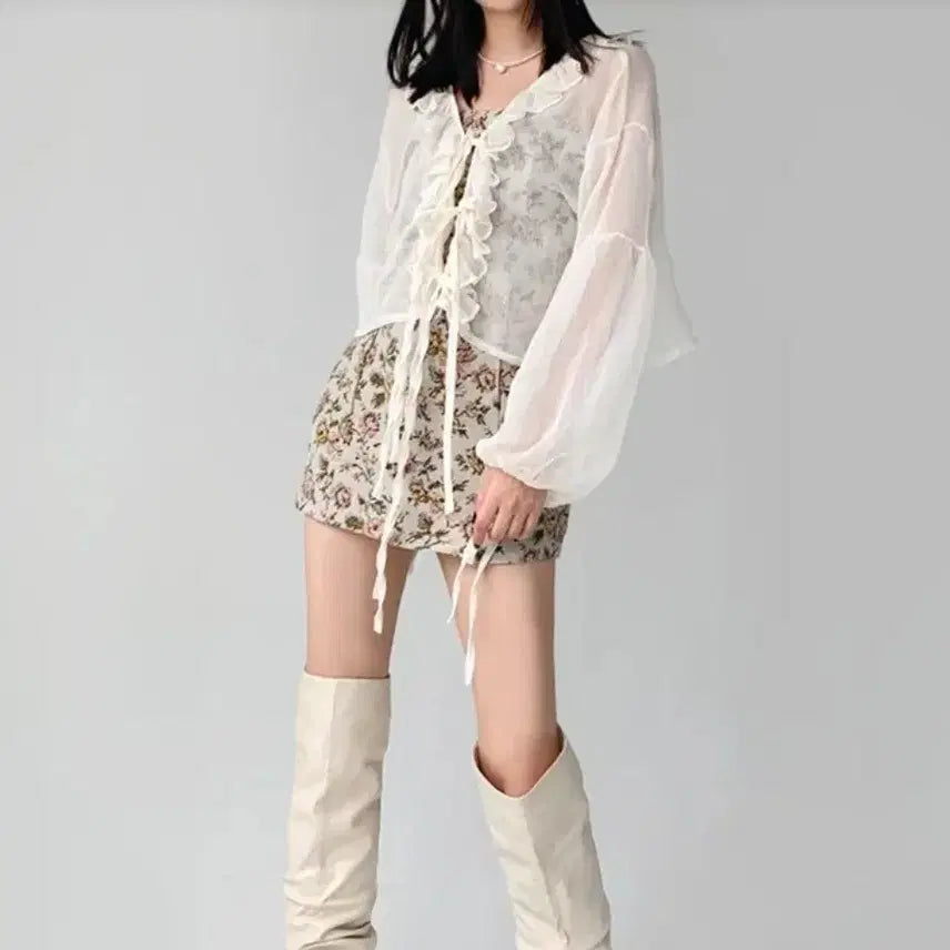 [BUNJANG] Daily See-through Frill Crop Cardigan Beige / 데일리 시스루 프릴 크롭스트랩 여름 가디건 베이지