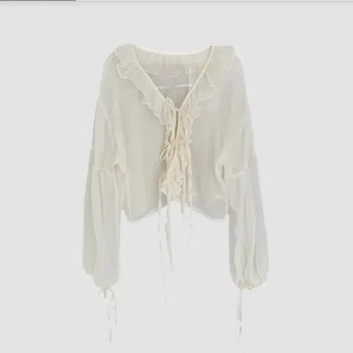 [BUNJANG] Daily See-through Frill Crop Cardigan Beige / 데일리 시스루 프릴 크롭스트랩 여름 가디건 베이지