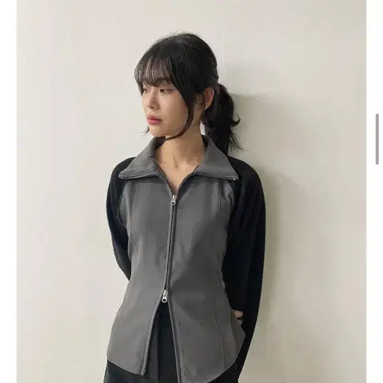 [BUNJANG] Tomatos Store Black Color Block Zip-up Jacket / 토마토스토어 블랙 배색 집업 자켓