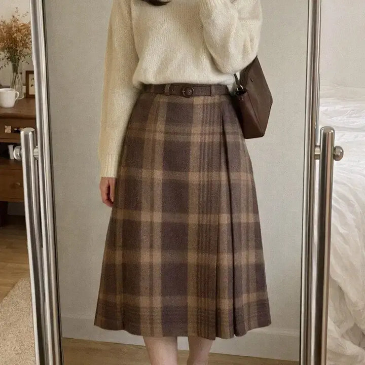 [BUNJANG] Vintage Brown Check Pleated Midi Skirt / [빈티지] 울90% 브라운 체크 플리츠 미디스커트 55 벨트포인트