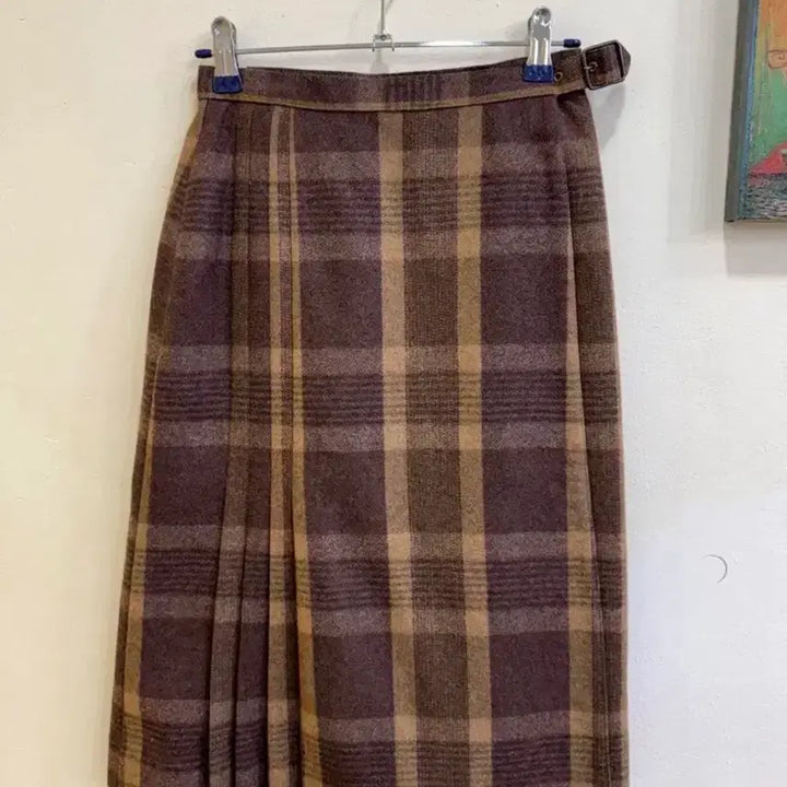 [BUNJANG] Vintage Brown Check Pleated Midi Skirt / [빈티지] 울90% 브라운 체크 플리츠 미디스커트 55 벨트포인트