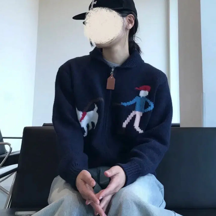 [BUNJANG] Avery Navy Cowichan Knit Zip-Up Cardigan / 에이블리 네이비 코위찬 니트 가디건 집업