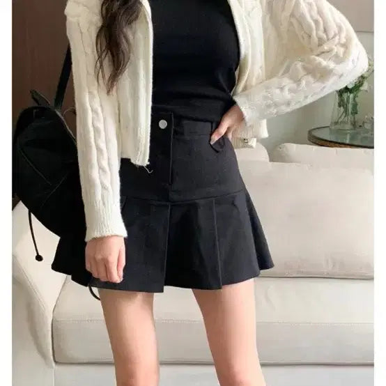[BUNJANG] Banpleats Cream Fleece Lined Skirt / 반플리츠 허리 밴딩 기모 스커트(크림)