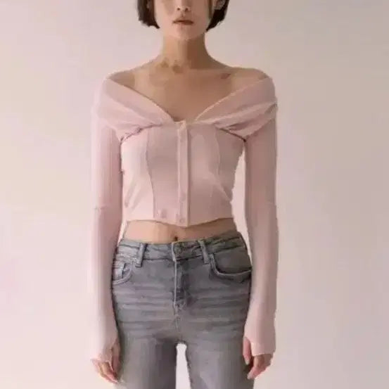 [BUNJANG] Off-Shoulder Long-Sleeve Crop Top / 오프숄더 핑크 검정 그레이 크롭 긴팔티