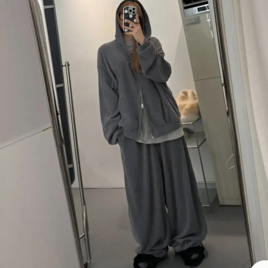 [BUNJANG] Black Ribbed Knit Hoodie Set / 1회착용 골지 후드 집업세트 검정