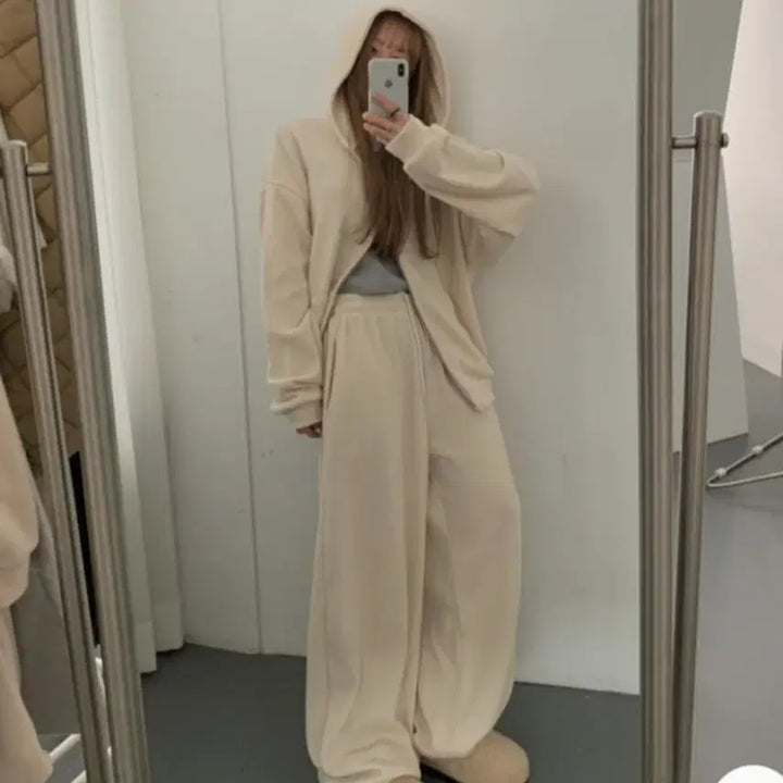 [BUNJANG] Black Ribbed Knit Hoodie Set / 1회착용 골지 후드 집업세트 검정