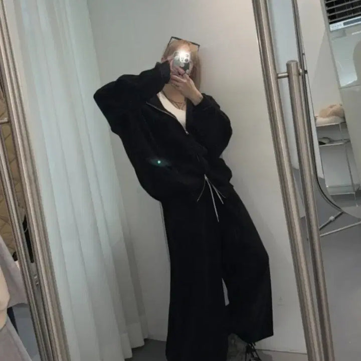 [BUNJANG] Black Ribbed Knit Hoodie Set / 1회착용 골지 후드 집업세트 검정