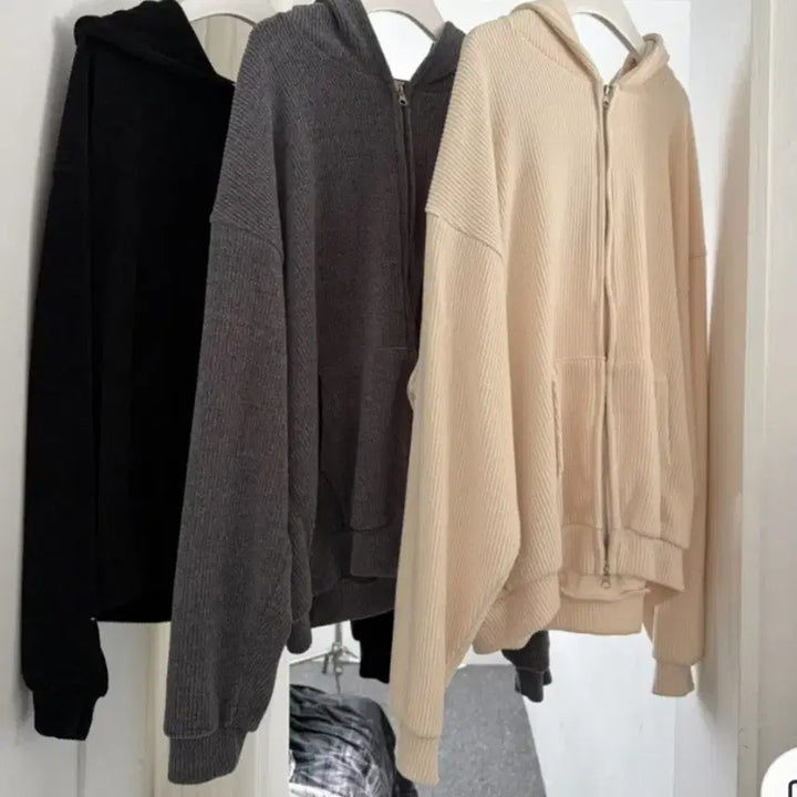 [BUNJANG] Black Ribbed Knit Hoodie Set / 1회착용 골지 후드 집업세트 검정