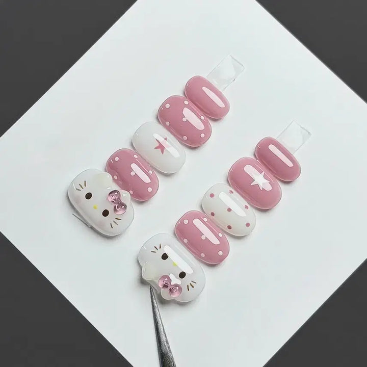 [BUNJANG] Handmade Nail Tips / 가로키티 핑크도트별 수제네일팁