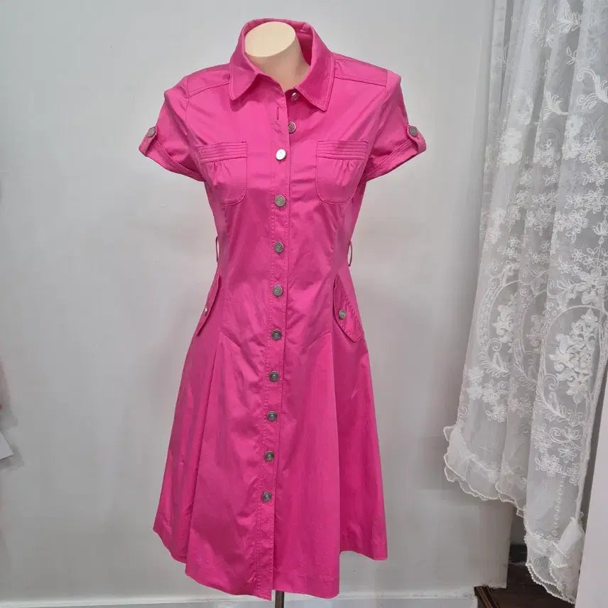 [BUNJANG] Crocodile Hot Pink Shirt Dress / 크로커다일 핫핑크 셔츠형 반팔 원피스
