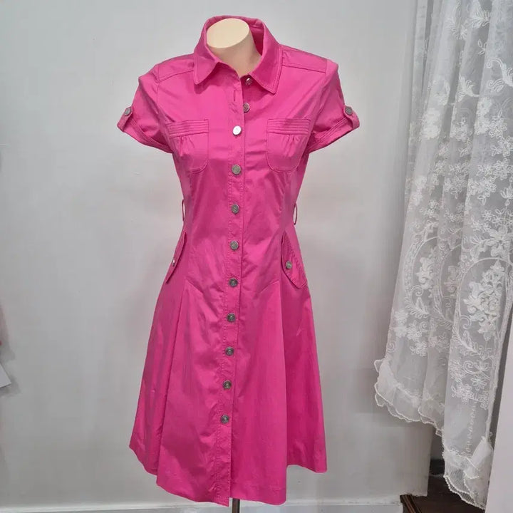 [BUNJANG] Crocodile Hot Pink Shirt Dress / 크로커다일 핫핑크 셔츠형 반팔 원피스