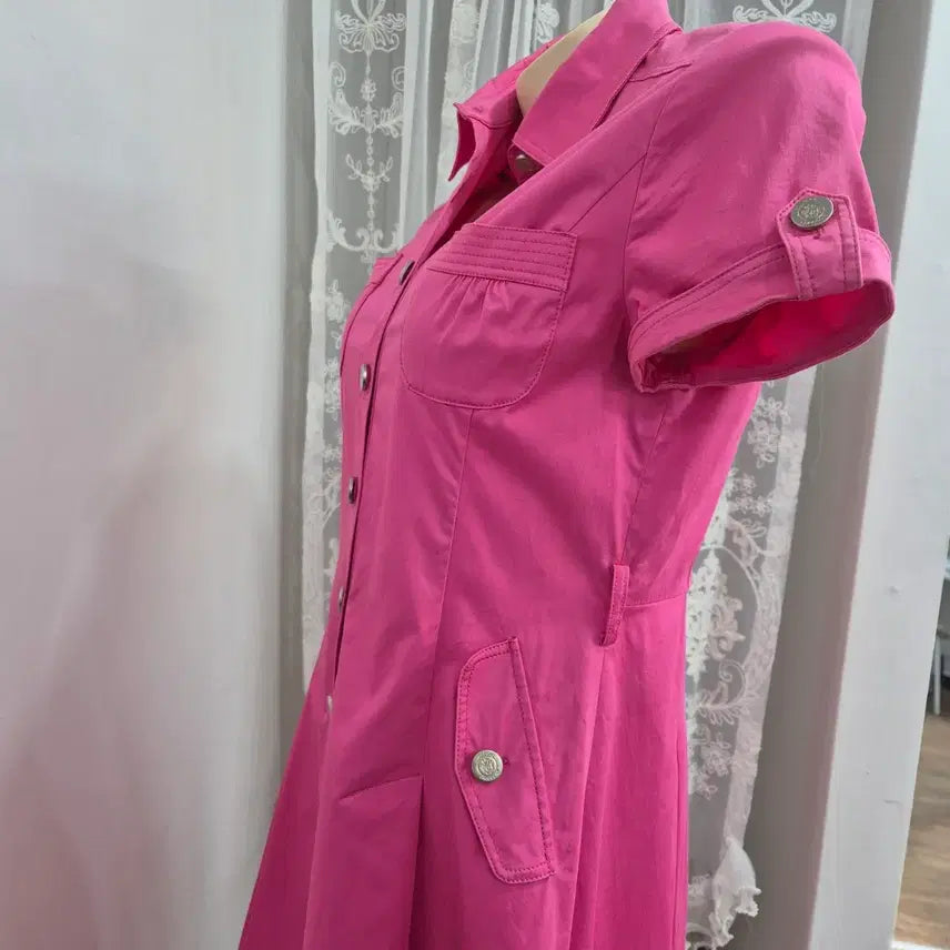 [BUNJANG] Crocodile Hot Pink Shirt Dress / 크로커다일 핫핑크 셔츠형 반팔 원피스