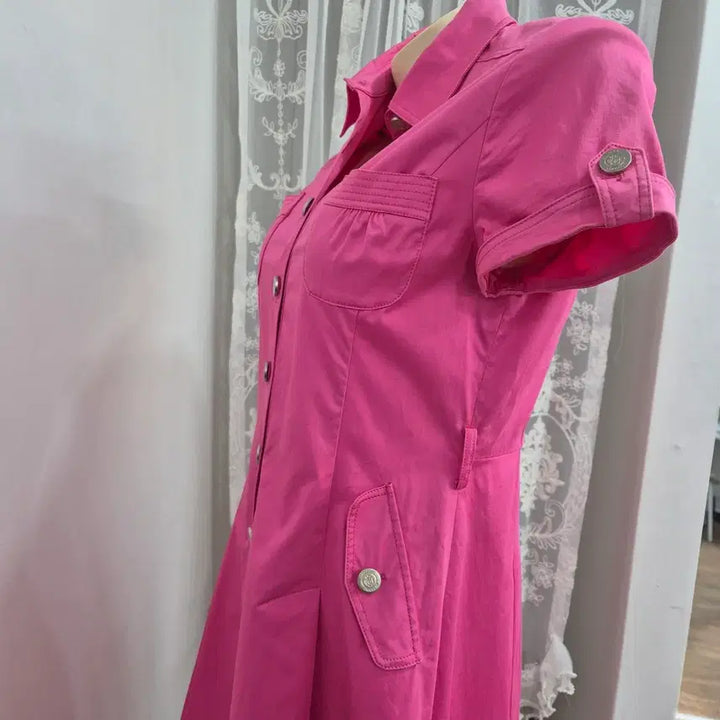 [BUNJANG] Crocodile Hot Pink Shirt Dress / 크로커다일 핫핑크 셔츠형 반팔 원피스