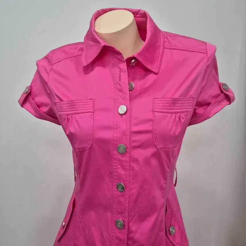 [BUNJANG] Crocodile Hot Pink Shirt Dress / 크로커다일 핫핑크 셔츠형 반팔 원피스