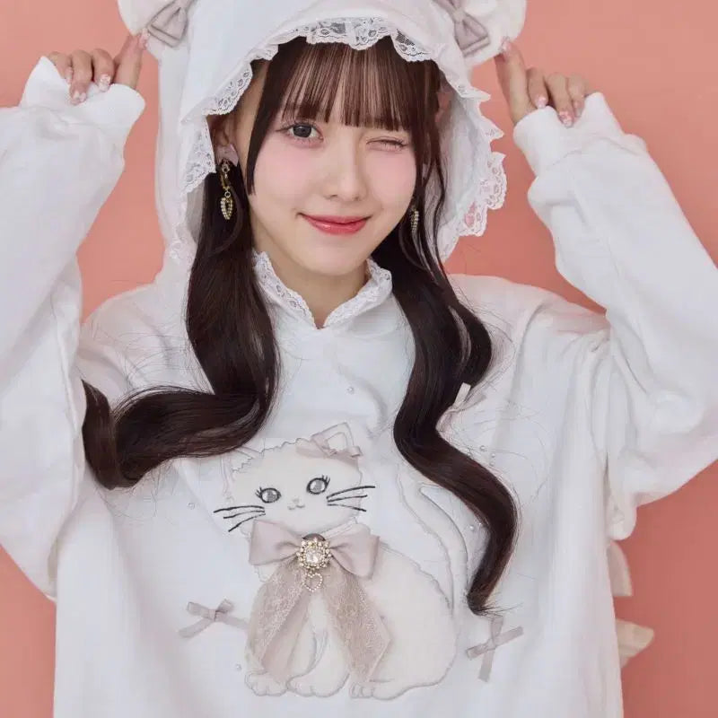 [BUNJANG] ROJITA Ribbon Cat Hooded Sweatshirt / 로지타 ROJITA 리본 캣 맨투맨 후드 티셔츠
