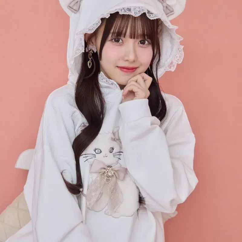 [BUNJANG] ROJITA Ribbon Cat Hooded Sweatshirt / 로지타 ROJITA 리본 캣 맨투맨 후드 티셔츠