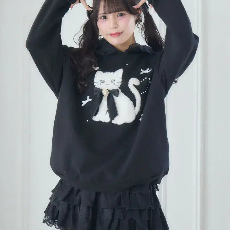 [BUNJANG] ROJITA Ribbon Cat Hooded Sweatshirt / 로지타 ROJITA 리본 캣 맨투맨 후드 티셔츠