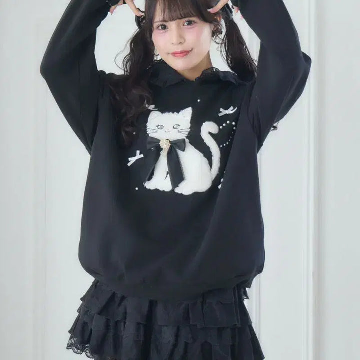 [BUNJANG] ROJITA Ribbon Cat Hooded Sweatshirt / 로지타 ROJITA 리본 캣 맨투맨 후드 티셔츠