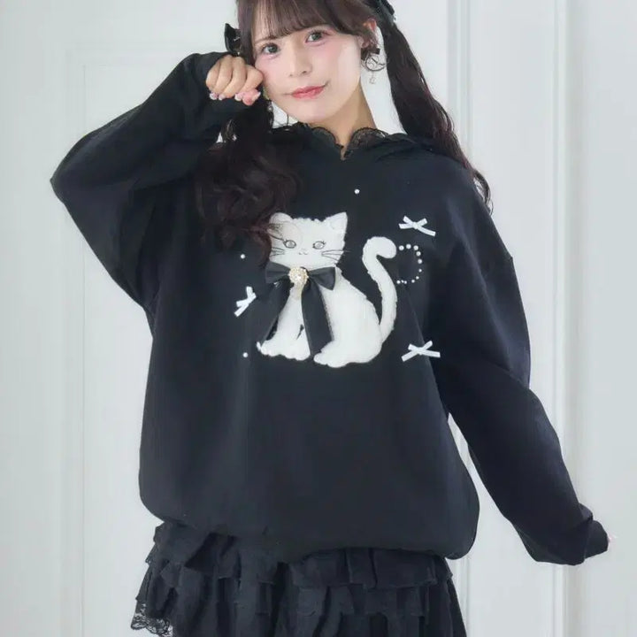 [BUNJANG] ROJITA Ribbon Cat Hooded Sweatshirt / 로지타 ROJITA 리본 캣 맨투맨 후드 티셔츠