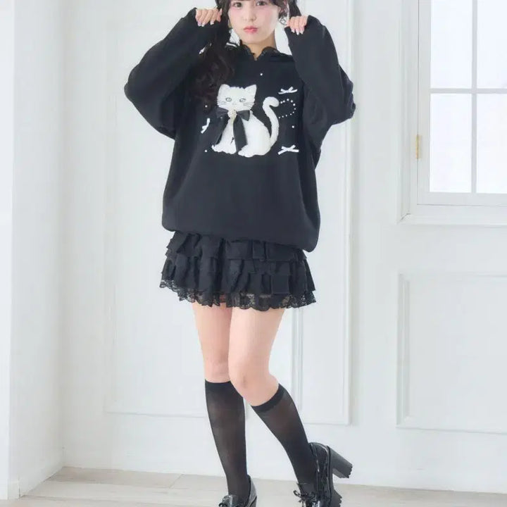 [BUNJANG] ROJITA Ribbon Cat Hooded Sweatshirt / 로지타 ROJITA 리본 캣 맨투맨 후드 티셔츠