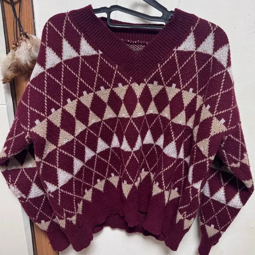 [BUNJANG] Oversized Argyle Check Knit Burgundy / 오버핏 아가일 체크 니트 버건디 양도