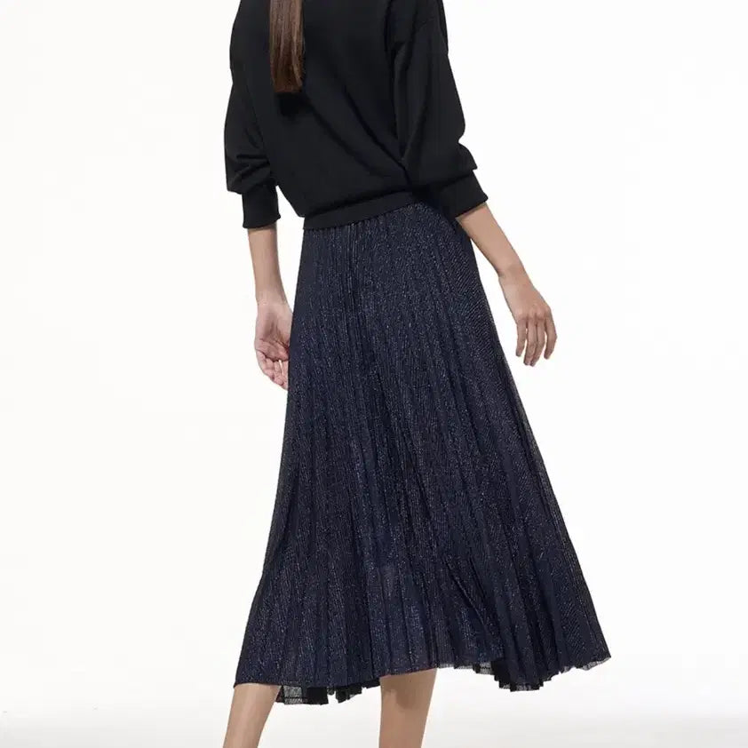 [BUNJANG] TIME Glitter Pleats Skirt Navy / 한섬 타임 TIME 글리터 플리츠 스커트 네이비 롱스커트 밴딩 플레어