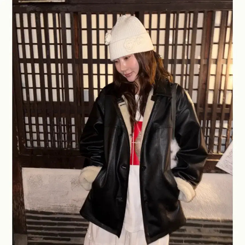 [BUNJANG] By Mood Half Leather Mouton Black New Version / 바이무드 하프 레더 무스탕 블랙 뉴버전