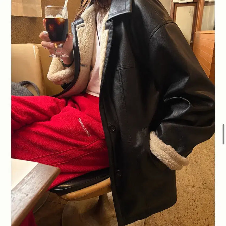 [BUNJANG] By Mood Half Leather Mouton Black New Version / 바이무드 하프 레더 무스탕 블랙 뉴버전