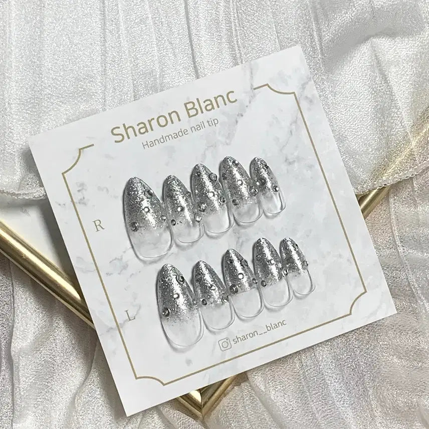 [BUNJANG] Sharon Blanc Stone Silver Glitter Nail Tip Set / *할인가* 스톤 실버 글리터 네일팁 / 14종 쉐입