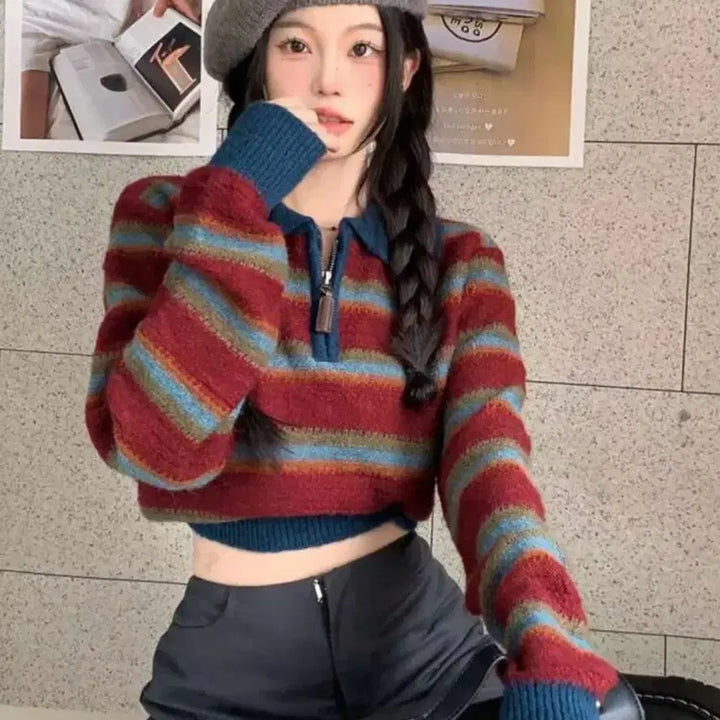 [BUNJANG] Striped Crop Knit / 스트라이프 크롭 니트