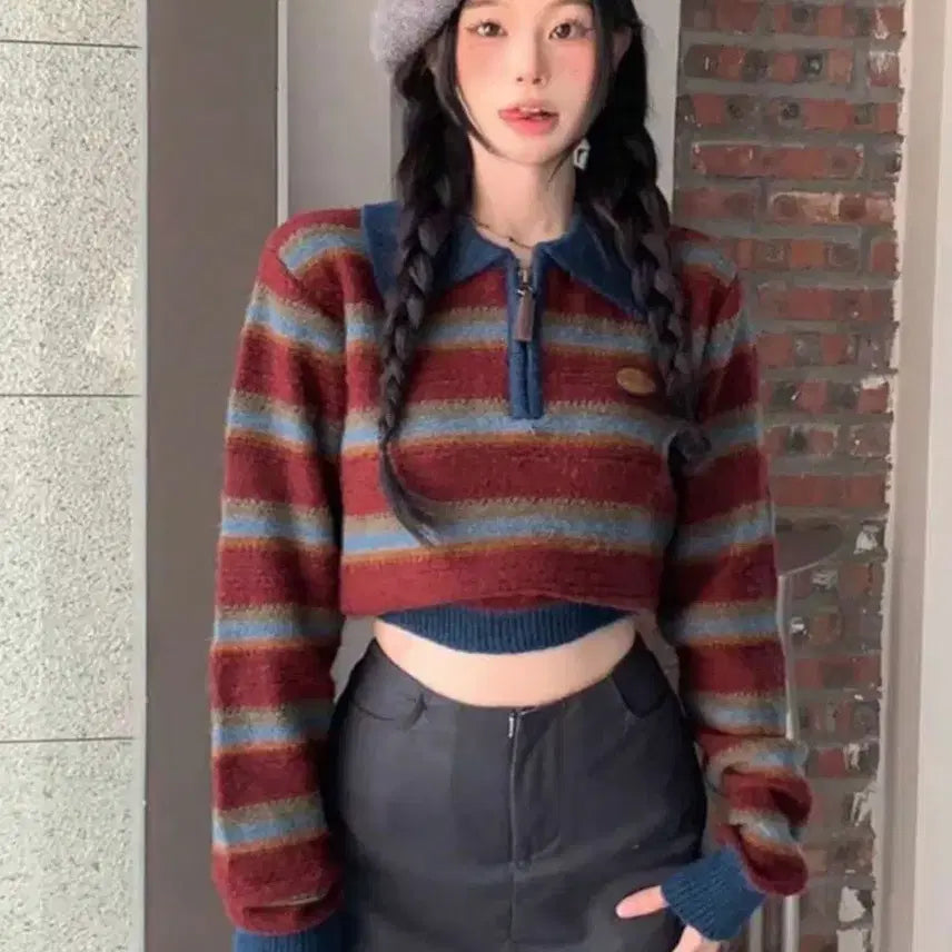[BUNJANG] Striped Crop Knit / 스트라이프 크롭 니트