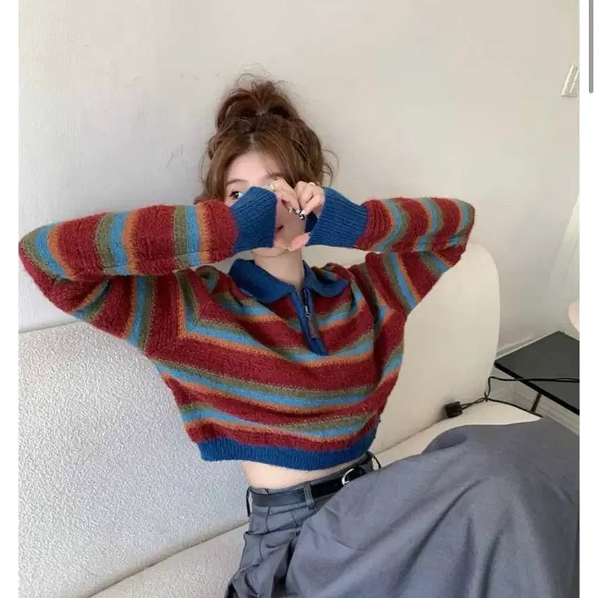 [BUNJANG] Striped Crop Knit / 스트라이프 크롭 니트