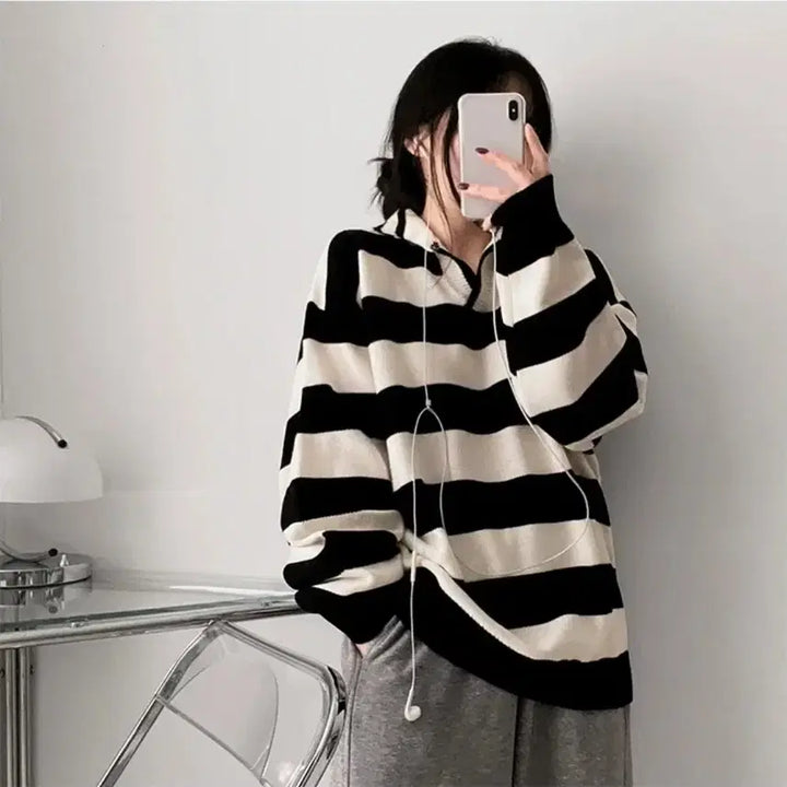 [BUNJANG] Avely Striped Knit Top / 에이블리 카라 단가라니트