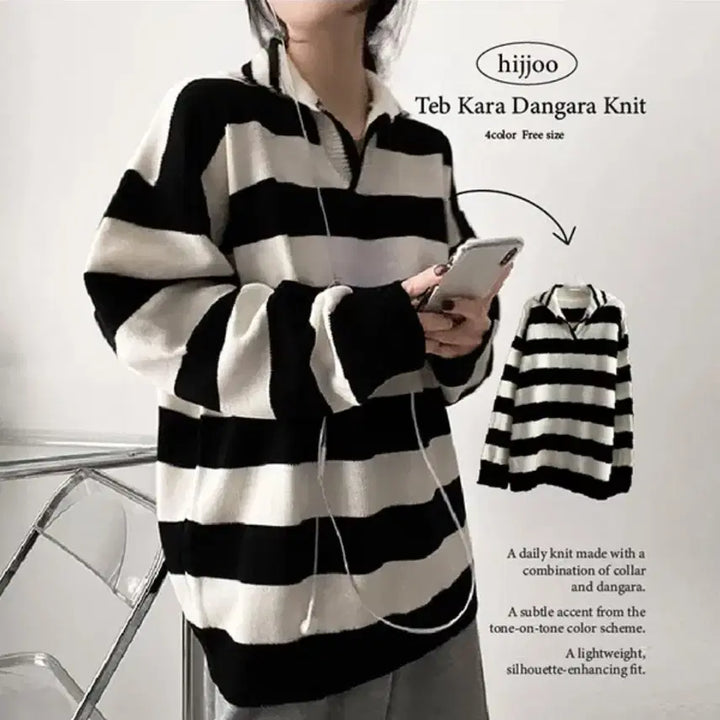 [BUNJANG] Avely Striped Knit Top / 에이블리 카라 단가라니트