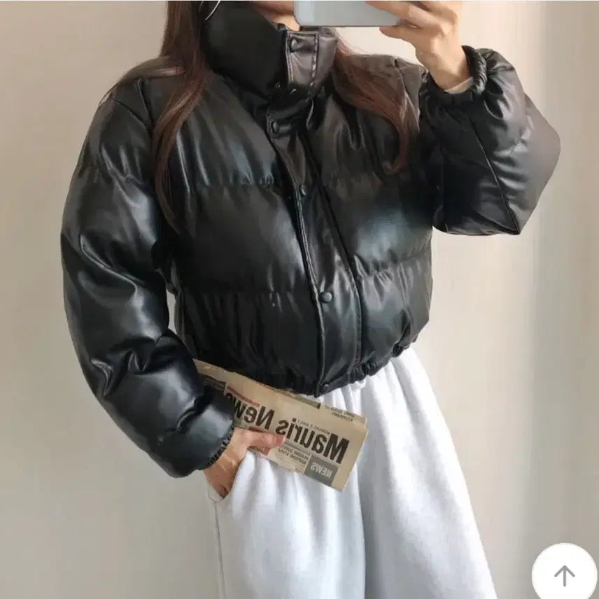 [BUNJANG] Black Leather Crop Padded Jumper / 블랙 레더 크롭 패딩 점퍼