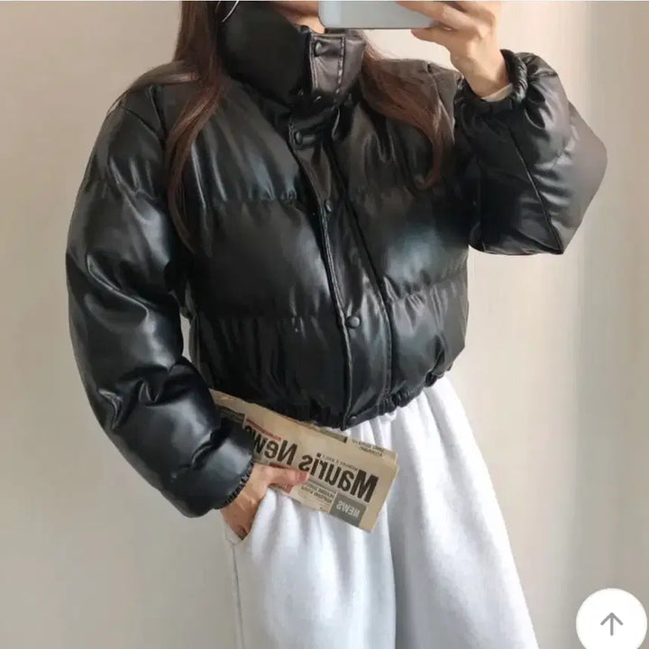 [BUNJANG] Black Leather Crop Padded Jumper / 블랙 레더 크롭 패딩 점퍼