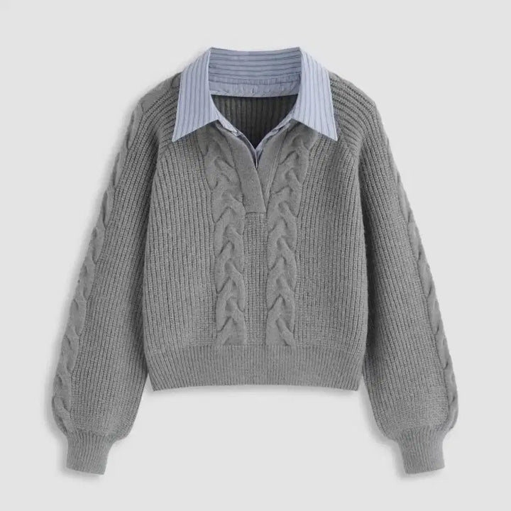 [BUNJANG] Layered Gray Cable Knit Sweater / 레이어드 카라 꽈배기 니트_그레이