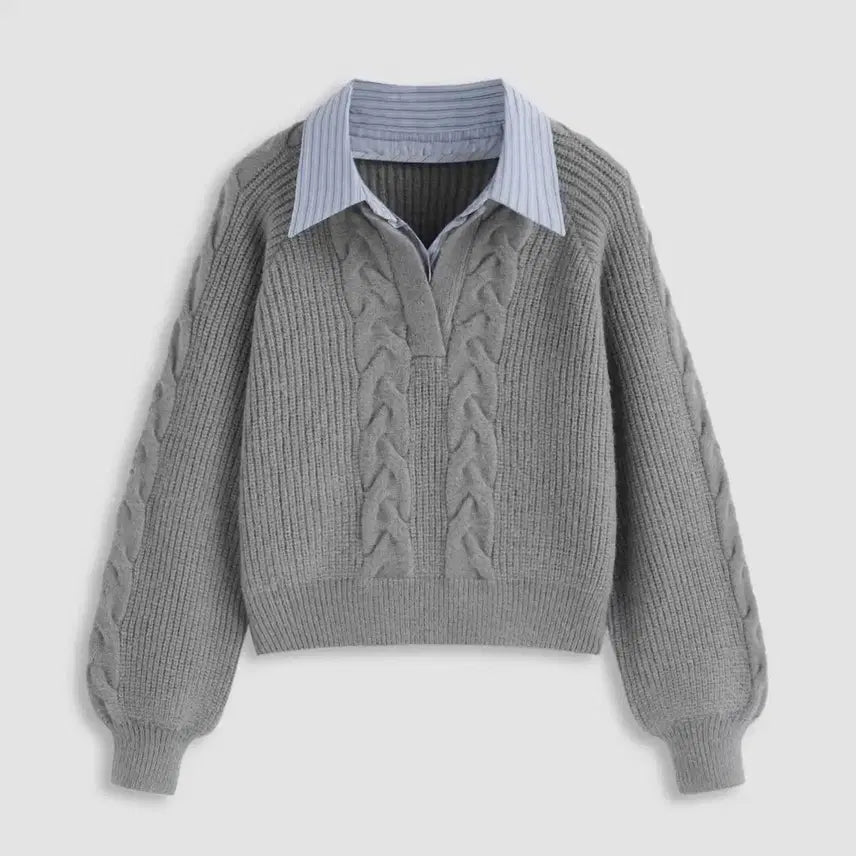 [BUNJANG] Layered Gray Cable Knit Sweater / 레이어드 카라 꽈배기 니트_그레이