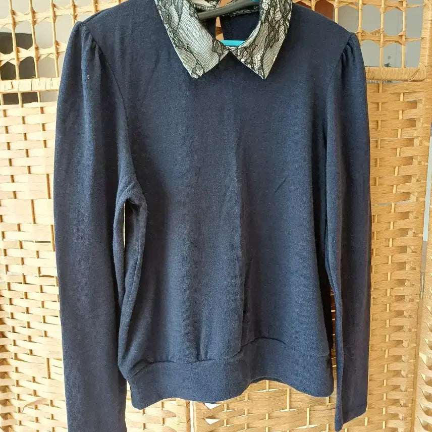 [BUNJANG] Navy Lace Collar Knit T-Shirt / 네이비 티셔츠