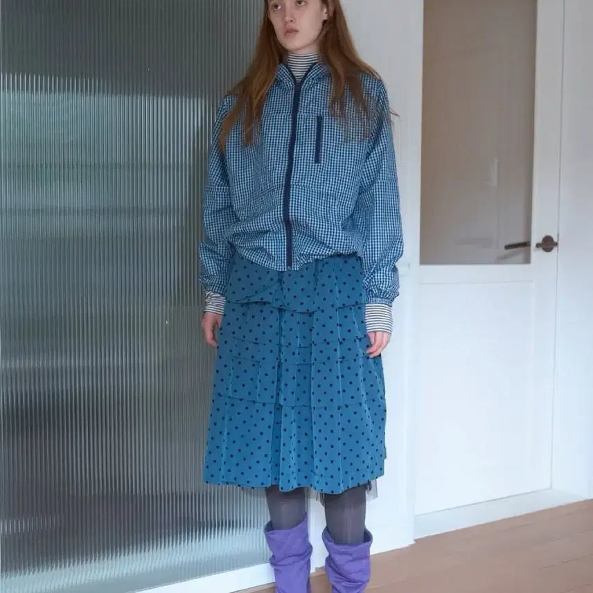 [BUNJANG] Dot Tiered Midi Skirt / 노컨텐츠 도트 미디 스커트 다크그린