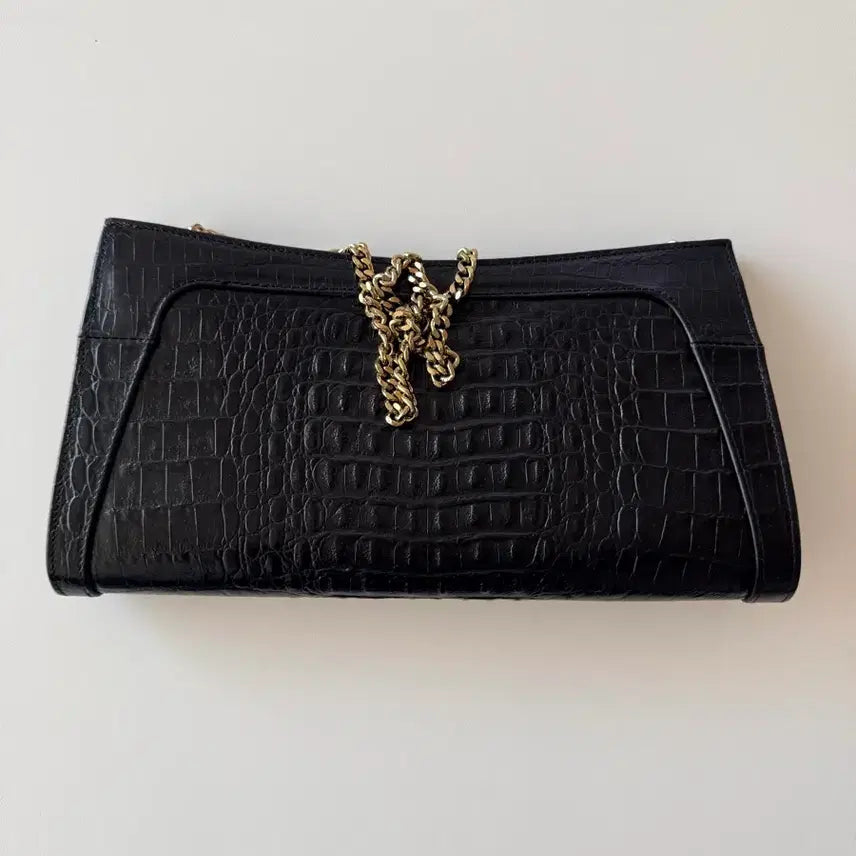 [BUNJANG] Black Crocodile Pattern Chain Shoulder Bag / 블랙 크로커다일 패턴 체인 숄더백