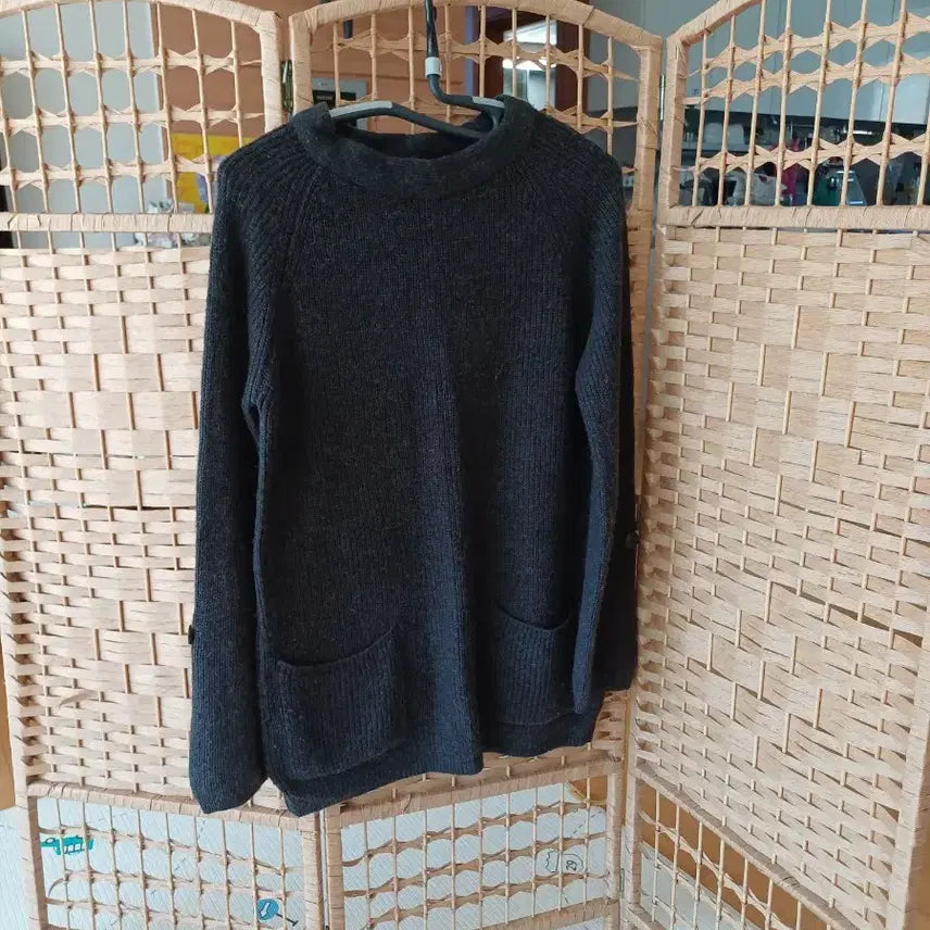 [BUNJANG] Leshope Charcoal Knit Long T-Shirt / 챠콜색 니트 롱 티셔츠,,포켓형