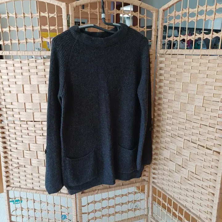 [BUNJANG] Leshope Charcoal Knit Long T-Shirt / 챠콜색 니트 롱 티셔츠,,포켓형