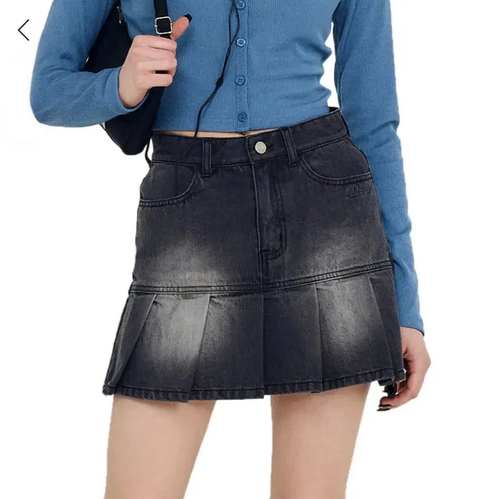 [BUNJANG] Odd Studio Washed Pleated Denim Mini Skirt / 오드스튜디오 워싱 플리츠 데님 미니 스커트 블랙 S