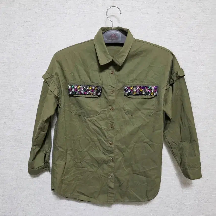 [BUNJANG] Khaki Jeweled Embellished Shirt / 카키색 보석 장식 셔츠