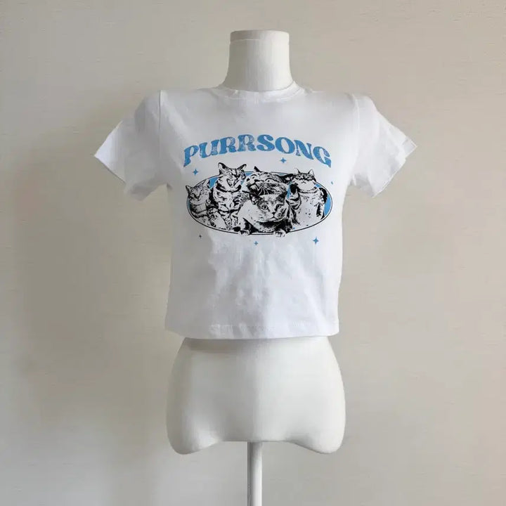 [BUNJANG] Cat Printing Short Sleeve Crop T-Shirt / 새상품) 캣 프린팅 반팔 크롭티