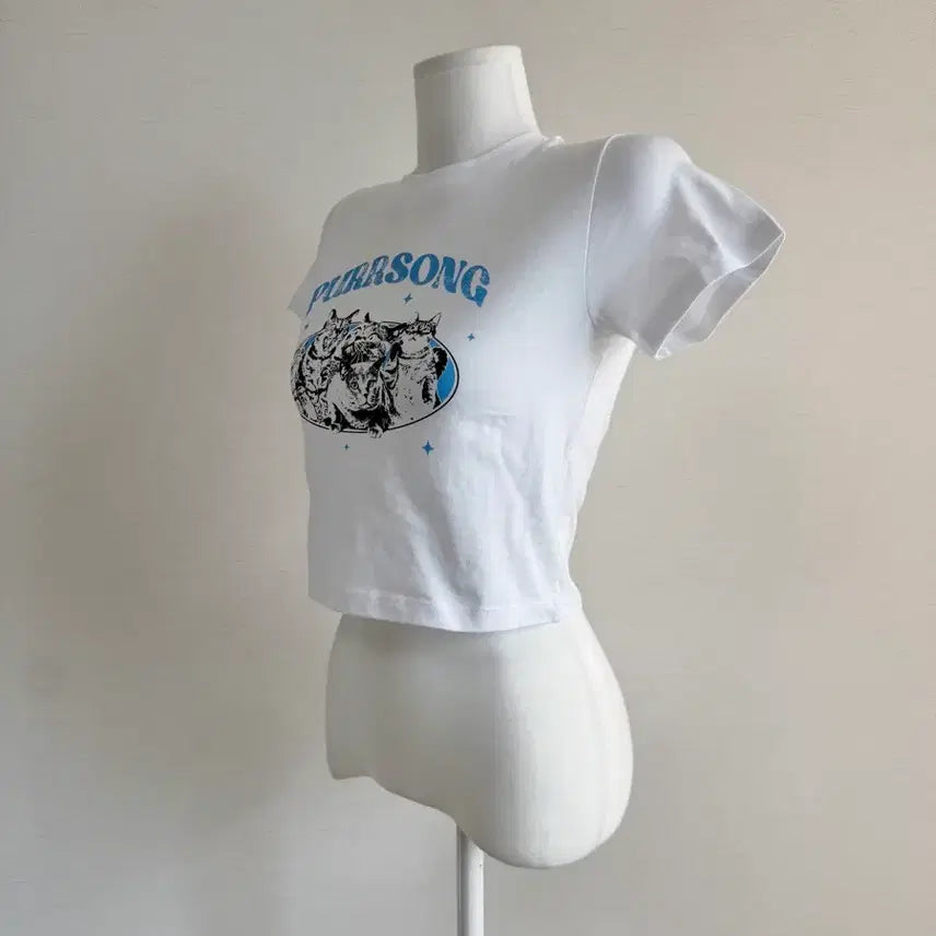 [BUNJANG] Cat Printing Short Sleeve Crop T-Shirt / 새상품) 캣 프린팅 반팔 크롭티
